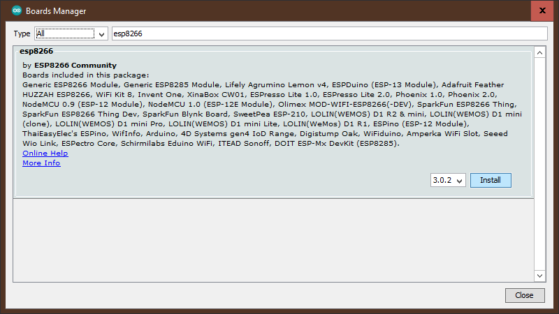 Image of board manager window with esp8266 typed in and install 
        highlighted