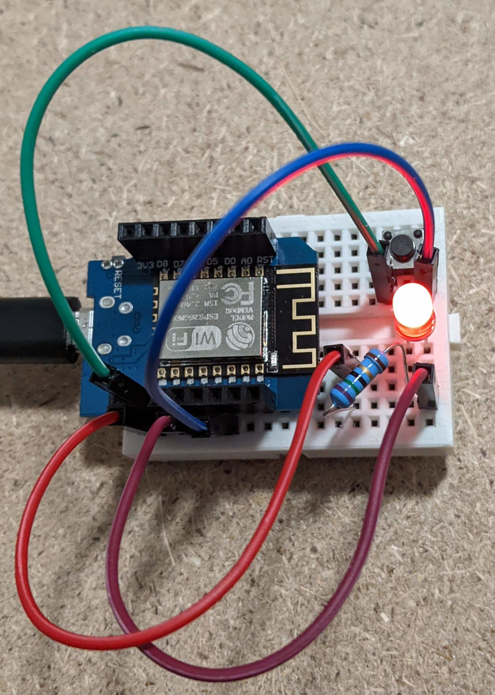 button circuit from before with led added and wired up