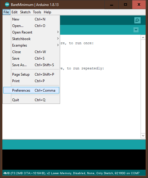 image of arduino IDE open with file menu open and prefernces highlighted