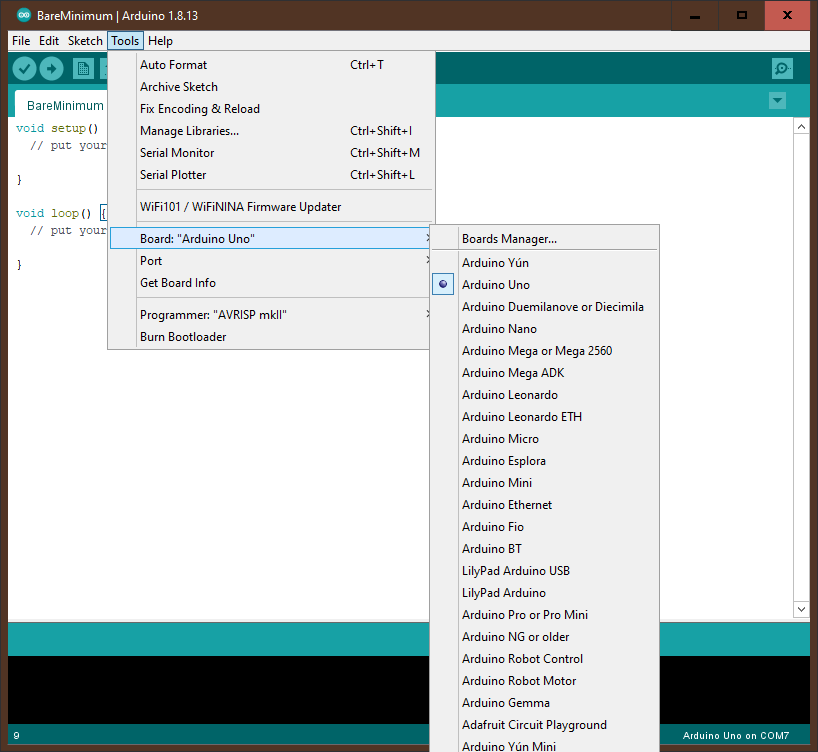 image of arduino IDE open with tools selected and board highlighted